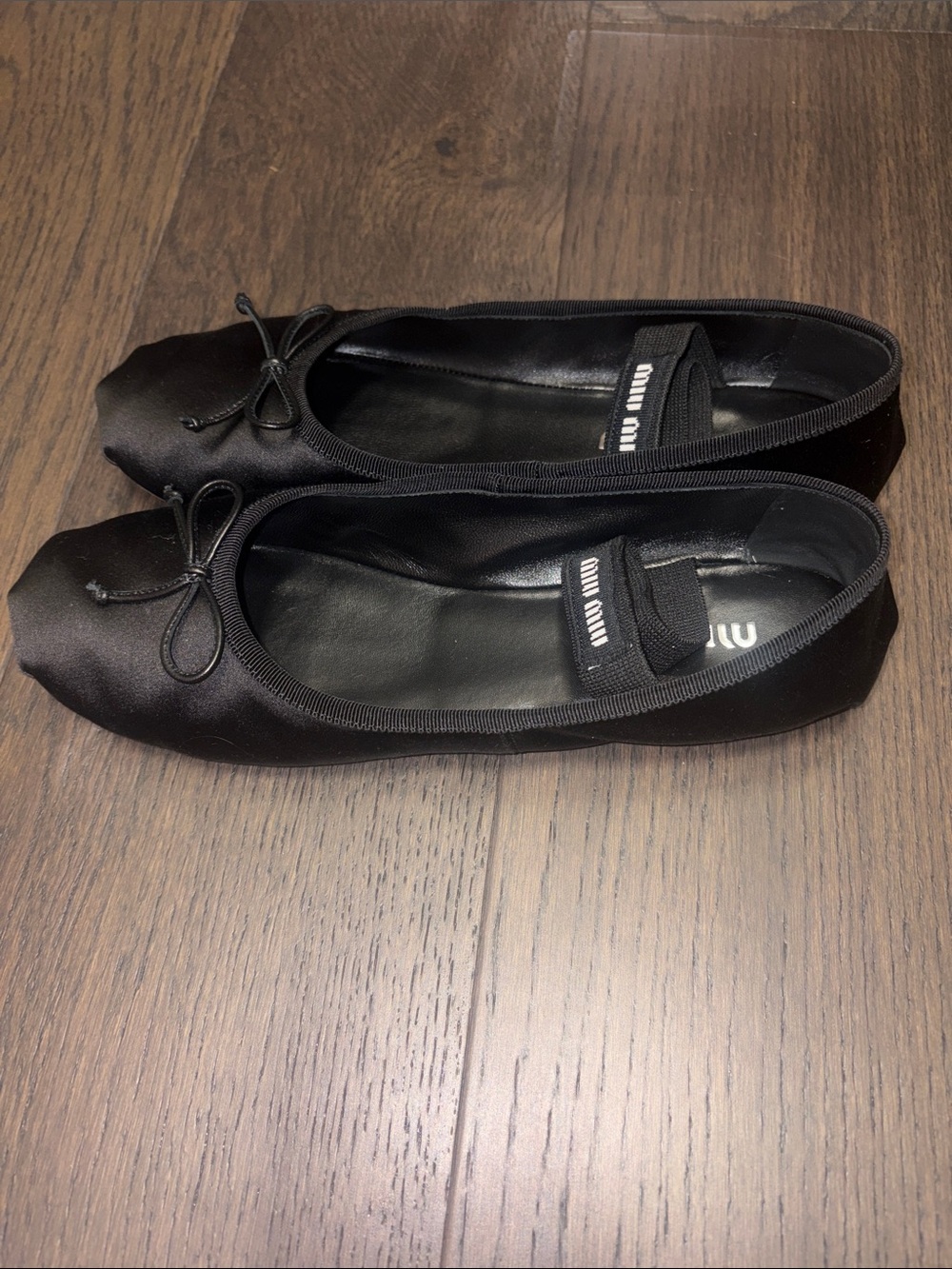Miu Miu Black Satin Square-Toe Ballet Flats with Bow Strap, size 38.5 - Picture 2 of 5